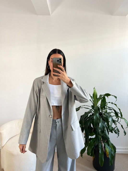 Gray Striped Oversized Blazer Jacket