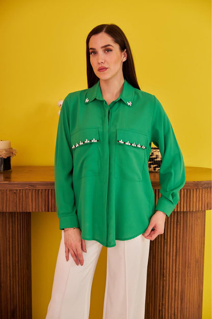 Green Stone Embellished Satin Shirt