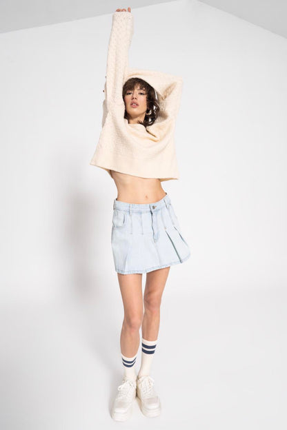 Pleated Mini Denim Skirt