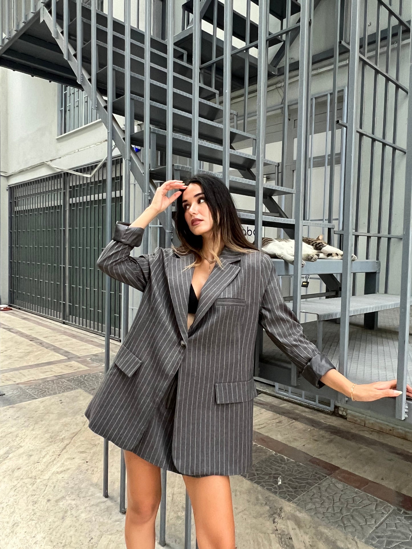 Anthracite Striped Oversized Blazer Jacket